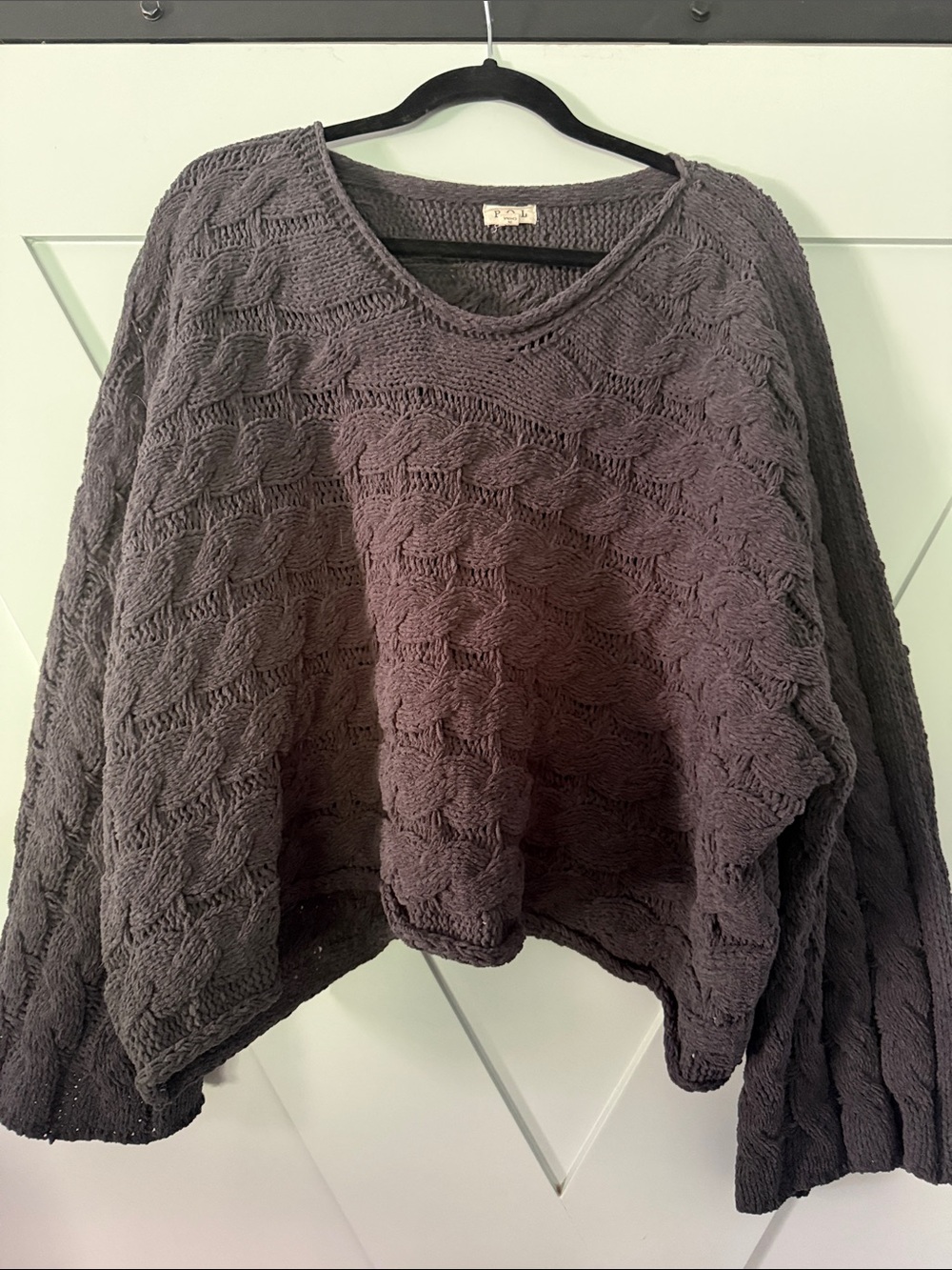 POL Cable Knit V-Neck Sweater - Charcoal Gray